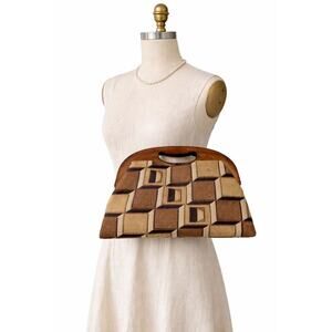Vintage Wooden Handle Tapestry Handbag w/ Coin Purse and Hidden Comb